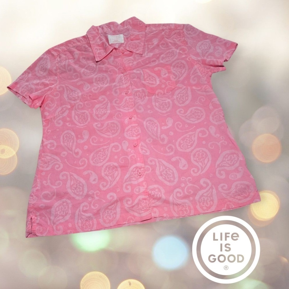 Life is Good Womens SS Lightweight Button Up Collared Shirt Pink Paisley L